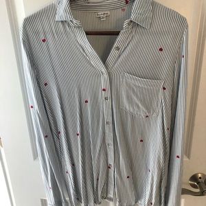Blue and white striped button down with red hearts